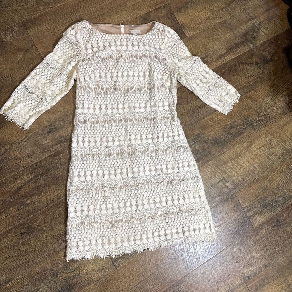 DB 3/4 Sleeve White Lace Sheath Dress Size 8